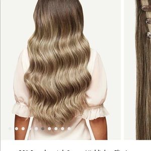 Seamless luxy hair extensions in ash brown highlight.